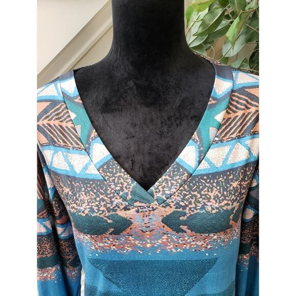 A-Line Dress Women's 2XL Blue Geo Print Stretch Long Sleeve V Neck Side Pockets - Picture 11 of 13